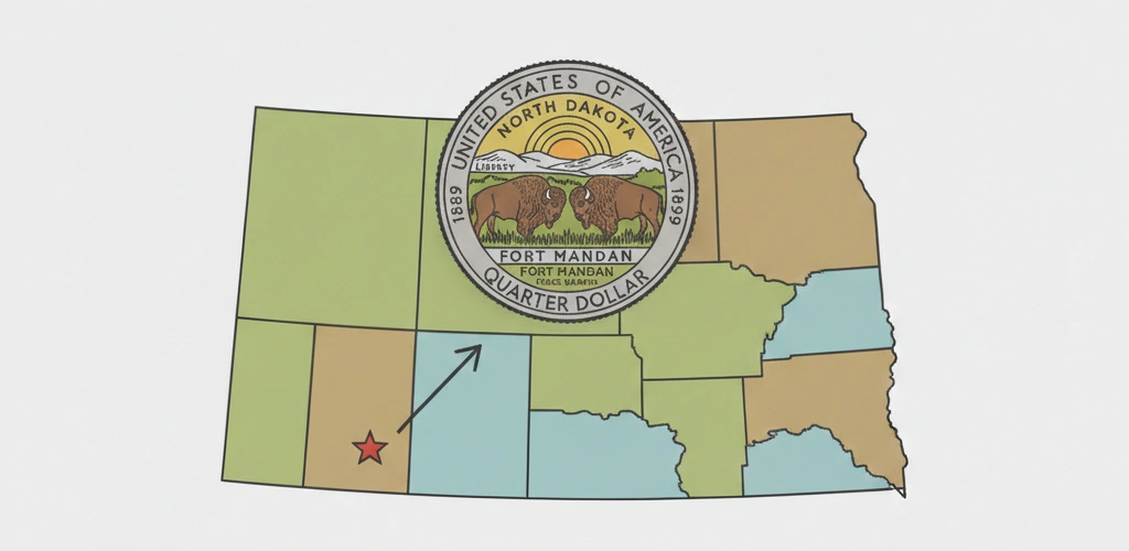 A 2006 North Dakota quarter hovering over a stylized map of North Dakota