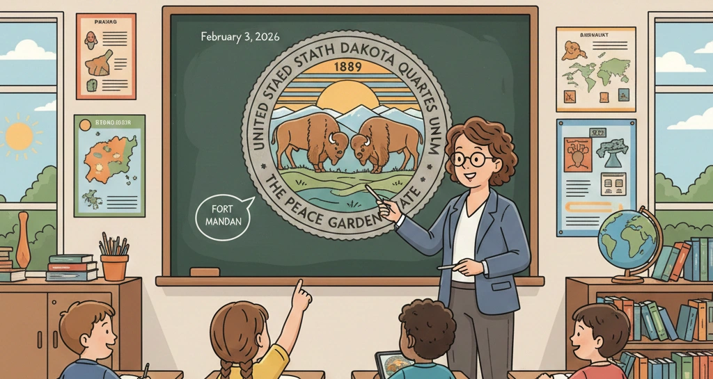 A classroom-style illustration where a teacher explains the 2006 North Dakota quarter to students