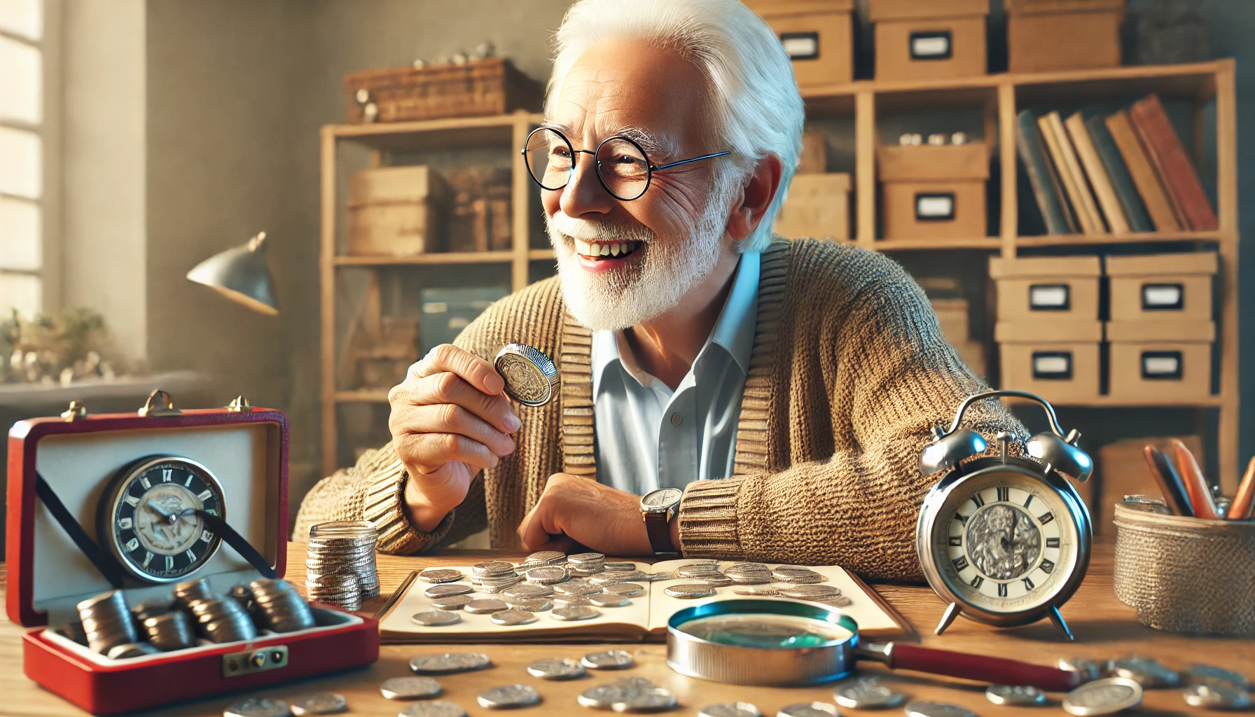 a smiling elderly man who is a coin collector, holding a coin and looking at it with interest while sitting at a desk filled with coins, magnifying glass, and notebooks.