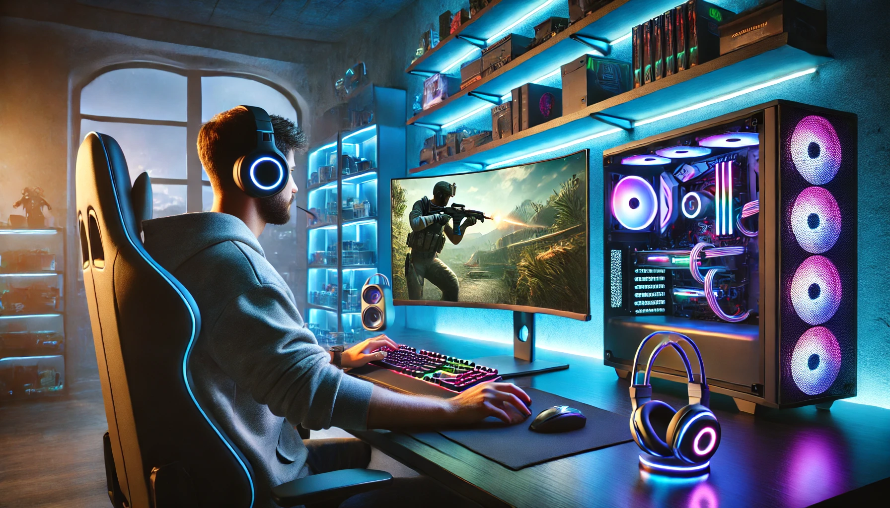 a gamer engaged in an advanced gaming setup in a modern, tech-focused room.