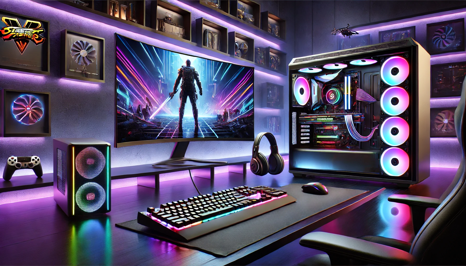 an advanced gaming setup in a modern, sleek room dedicated to gaming mastery.