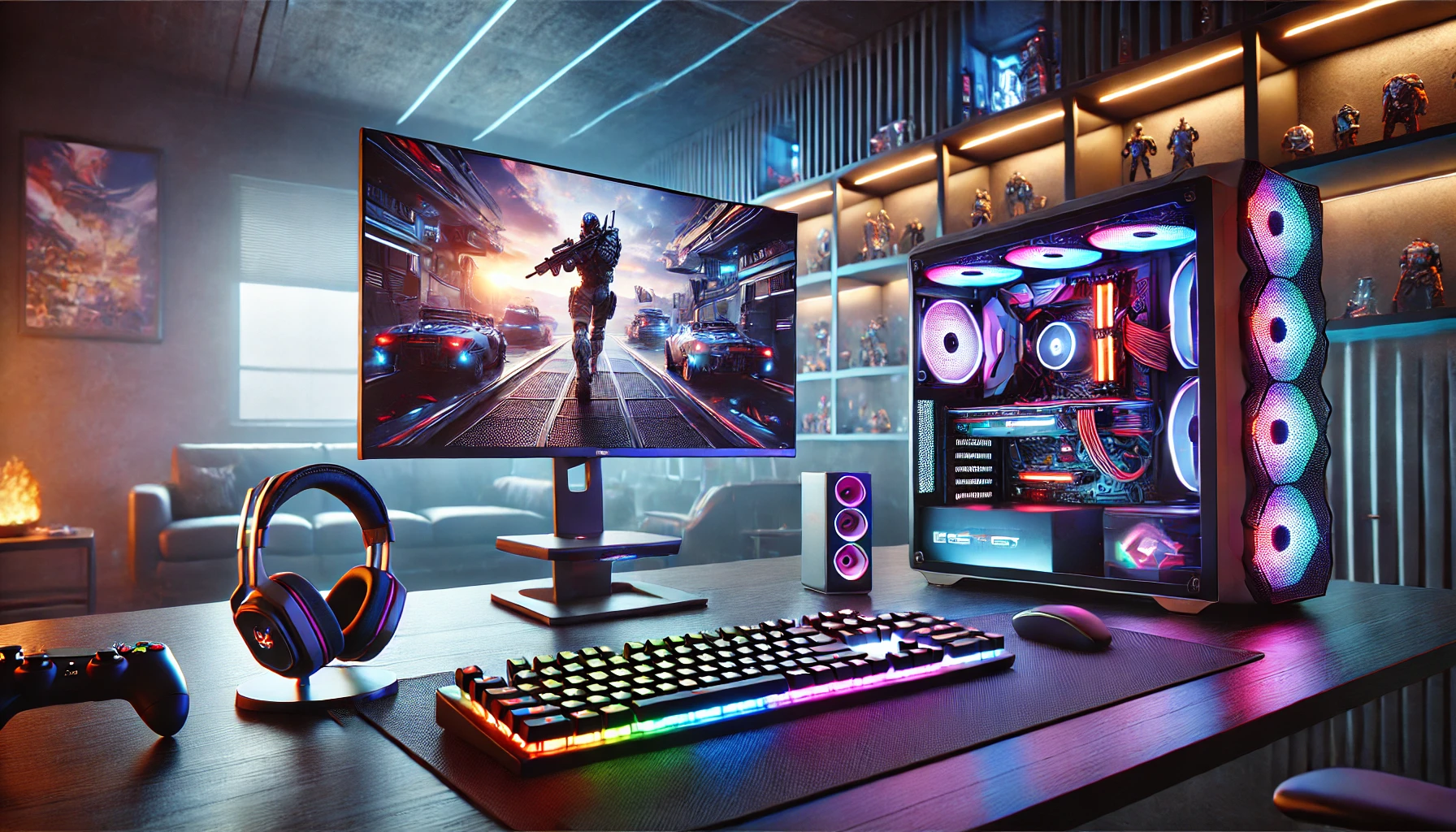 an advanced gaming setup in a modern room with a sleek, high-tech aesthetic