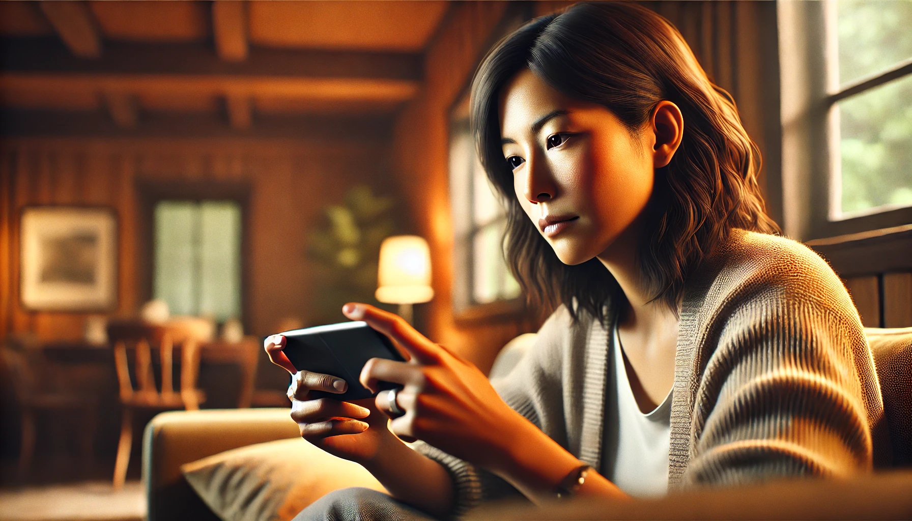 A woman sitting comfortably in a cozy room, intently playing on her phone with a focused expression, illuminated by soft, warm lighting.