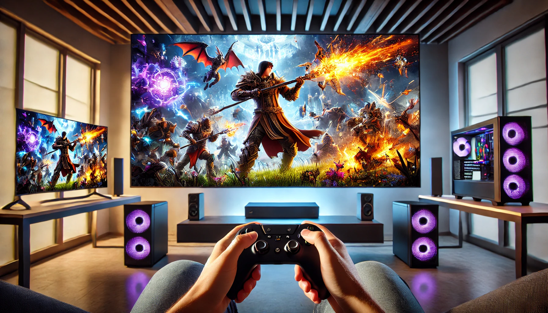 a highly immersive action-adventure video game being played on a large screen in a modern gaming room.