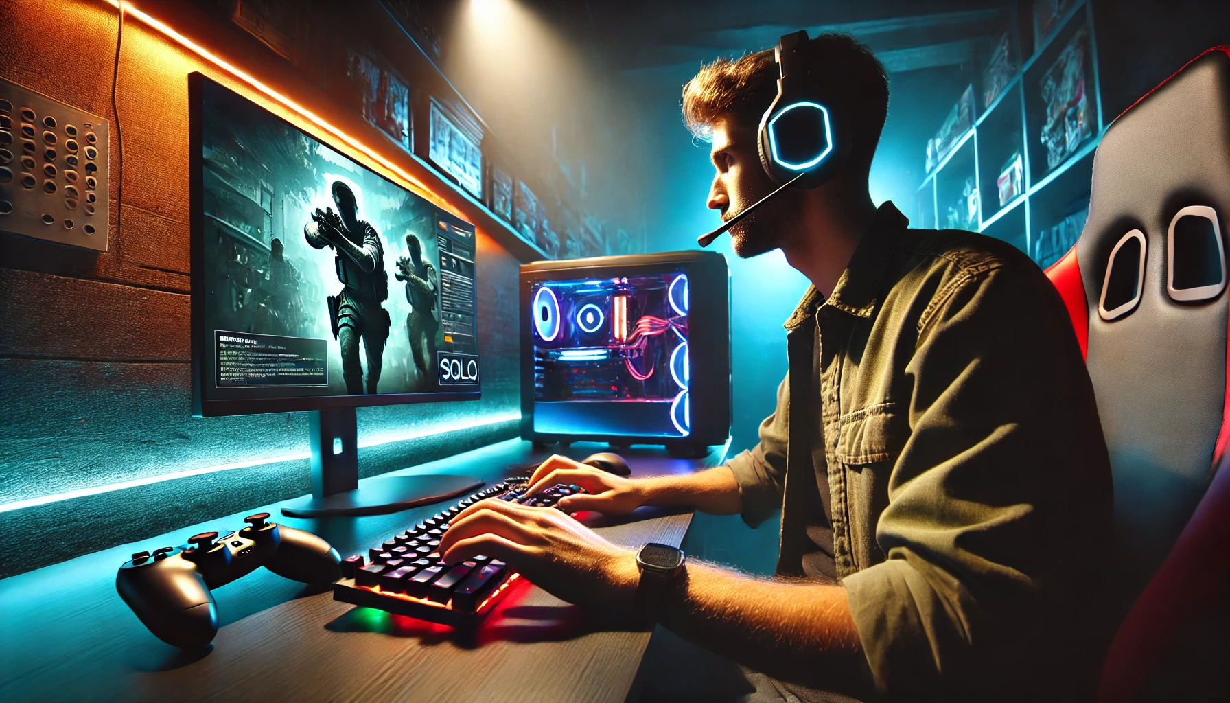 a gamer playing a multiplayer online game solo.