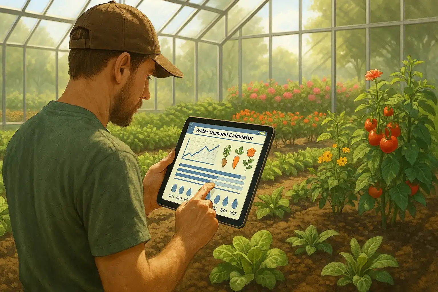 A gardener inside a sunlit greenhouse uses a tablet showing a water demand calculator app, surrounded by rows of healthy vegetables and flowers.