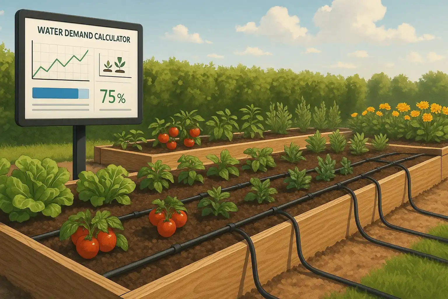 A modern raised garden bed with drip irrigation and a mounted water demand calculator screen displaying real-time plant watering data under a sunny sky.