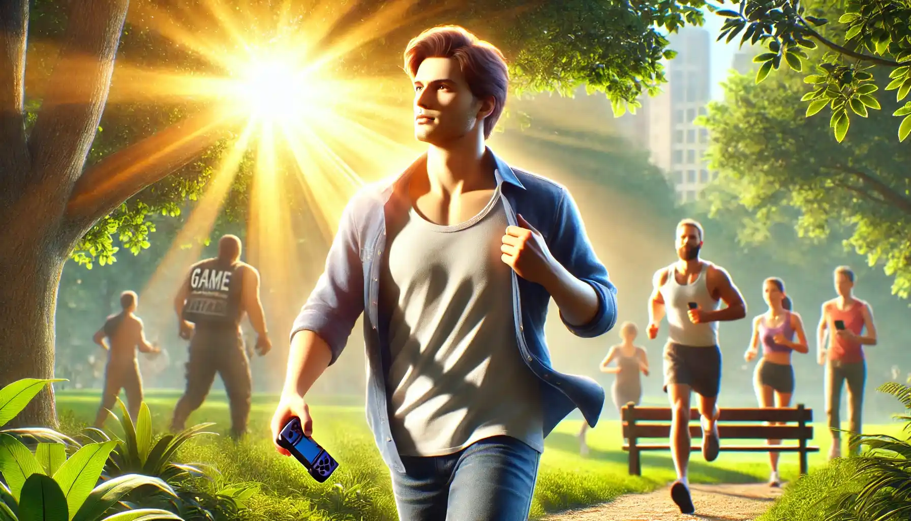 A young man is stepping outside into the sunlight to find beautiful things in the real world to overcome gaming addiction.