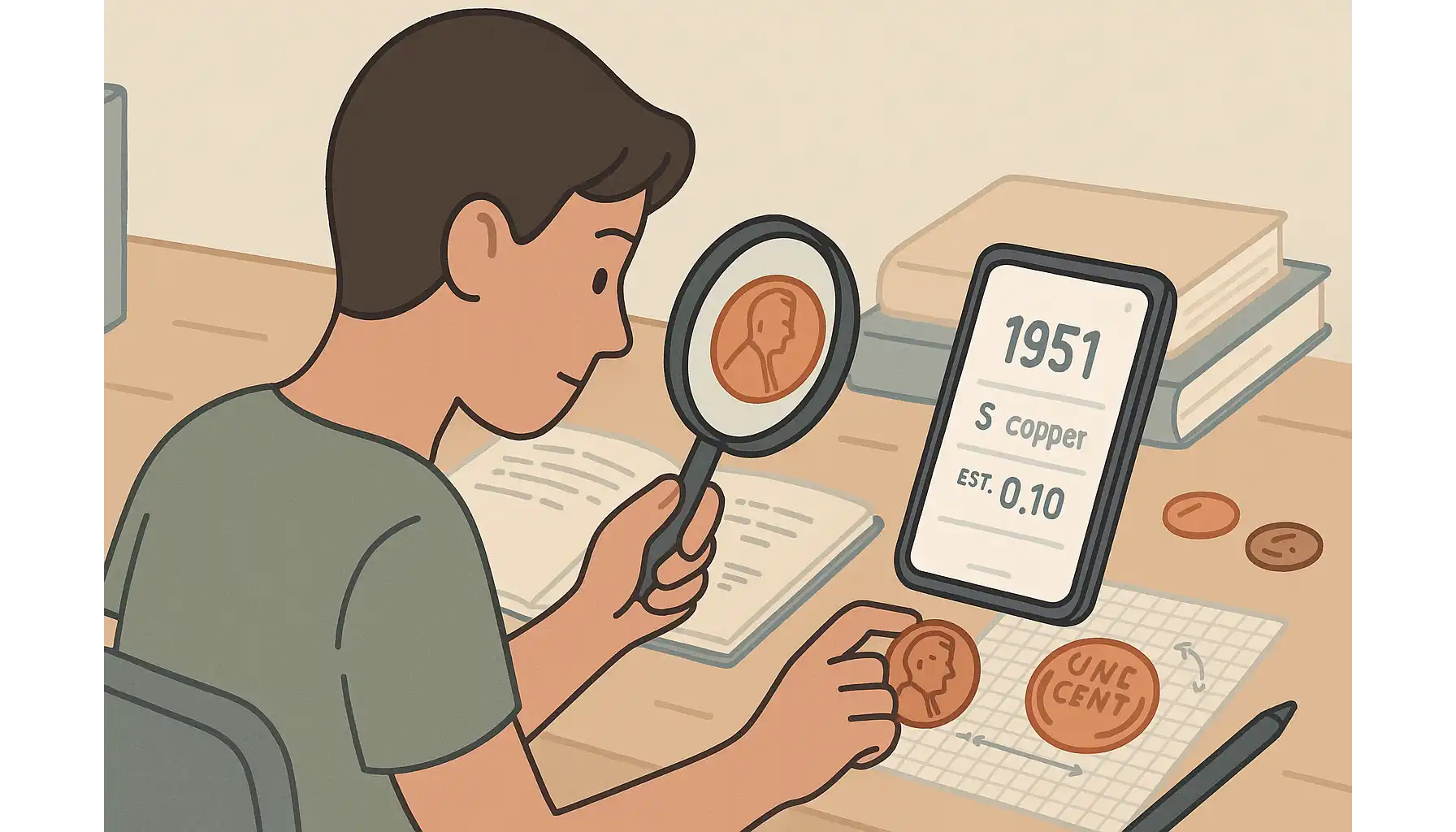 A student scans a coin and compares it with his notes.