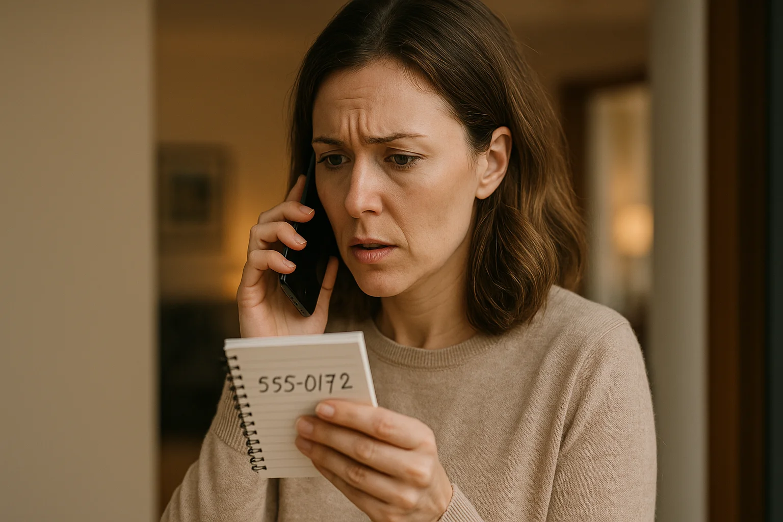 A worried woman calls the mobile carrier while holding a notebook with a phone number written on it.