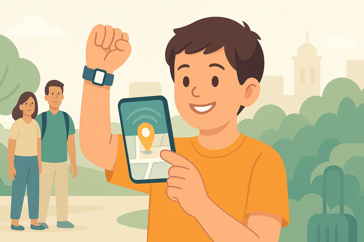 A child in a bright t-shirt and a location tracker is waving to his parents.